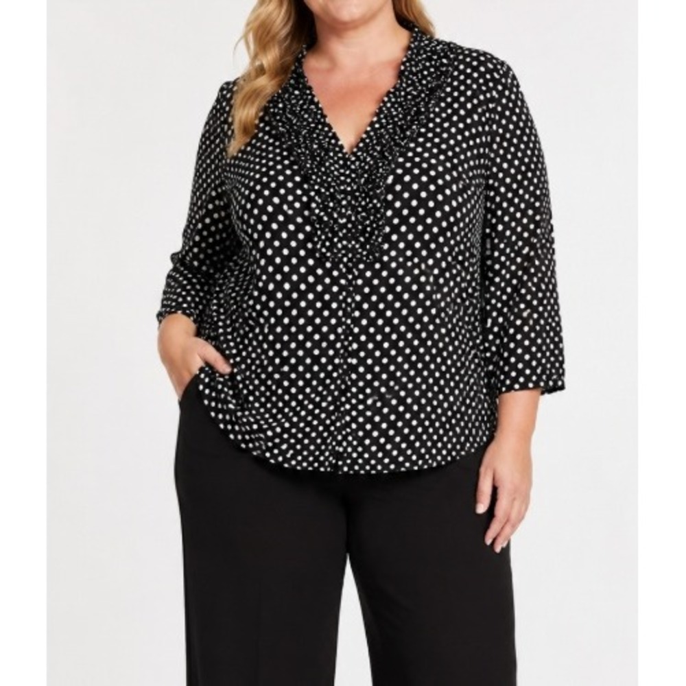 INC International Concepts Blouse 2X Black Polka Dot Ruffle Mesh Stretch Top